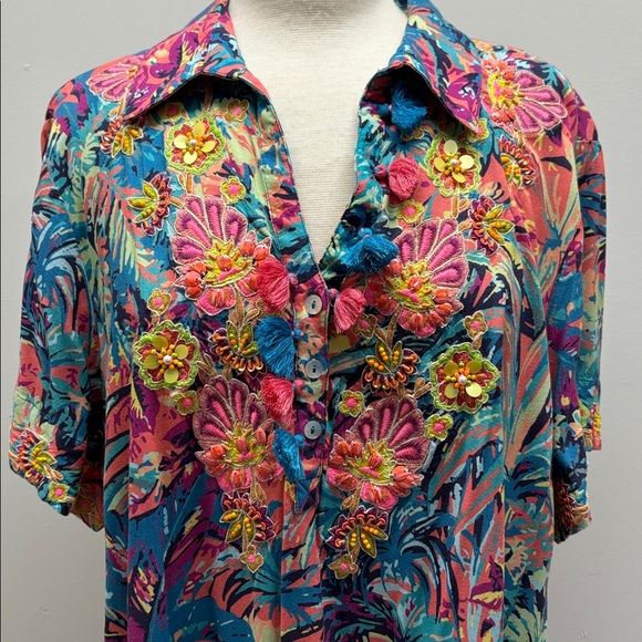 Soft Surroundings Florence Boho Embroidered Beaded Tropical Shirt Dress 2X 22W - Picture 3 of 14